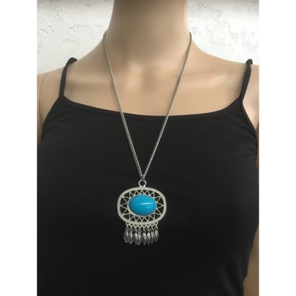 Silver Necklace With Turquoise  Colored Pendant